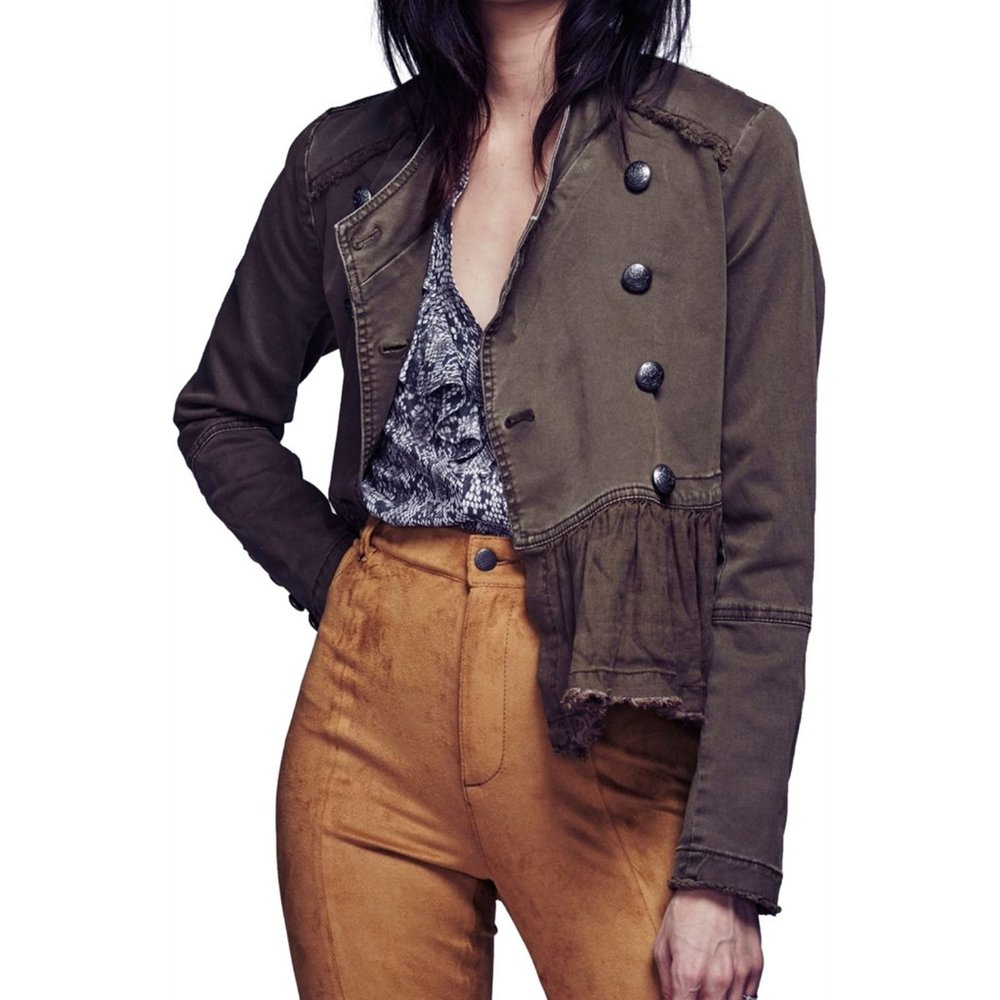 Free People Ruffle Hem Military Jacket Double Breasted Peplum Button Up
